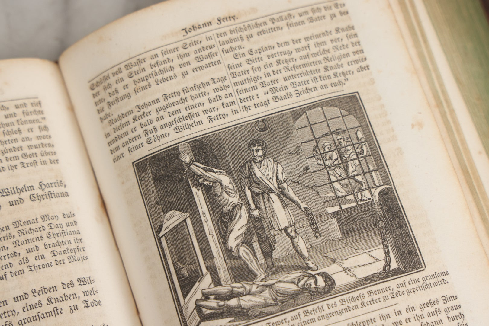Lot 003 - Foxe's Book Of Martyrs, "History Of Christian Martyrdom, [...] The Lives, Sufferings, And Glorious Deaths Of Martyrs" By John Foxe, Illustrated With Gruesome Engravings, German Language, George W. Ment And Son, Publishers, Philadelphia, 1840