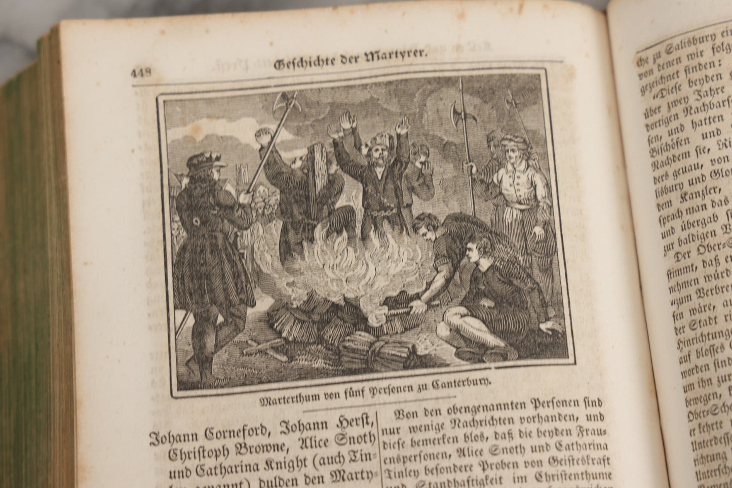 Lot 003 - Foxe's Book Of Martyrs, "History Of Christian Martyrdom, [...] The Lives, Sufferings, And Glorious Deaths Of Martyrs" By John Foxe, Illustrated With Gruesome Engravings, German Language, George W. Ment And Son, Publishers, Philadelphia, 1840