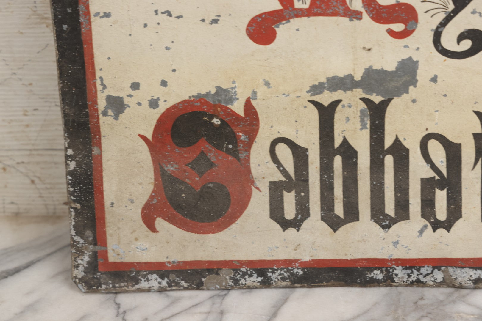 Lot 004 - Antique Hand Painted Tin Church Sign, "Ye Shall Keep My Sabbaths," With Red, Black, And White Paint