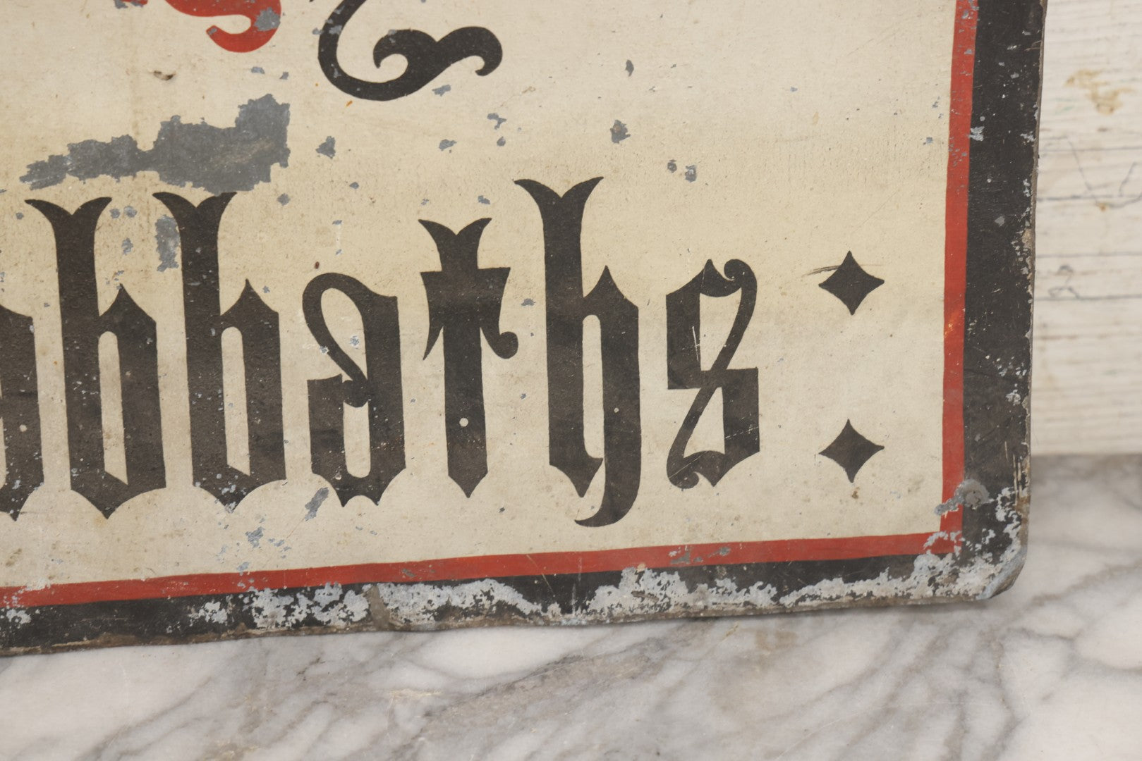Lot 004 - Antique Hand Painted Tin Church Sign, "Ye Shall Keep My Sabbaths," With Red, Black, And White Paint