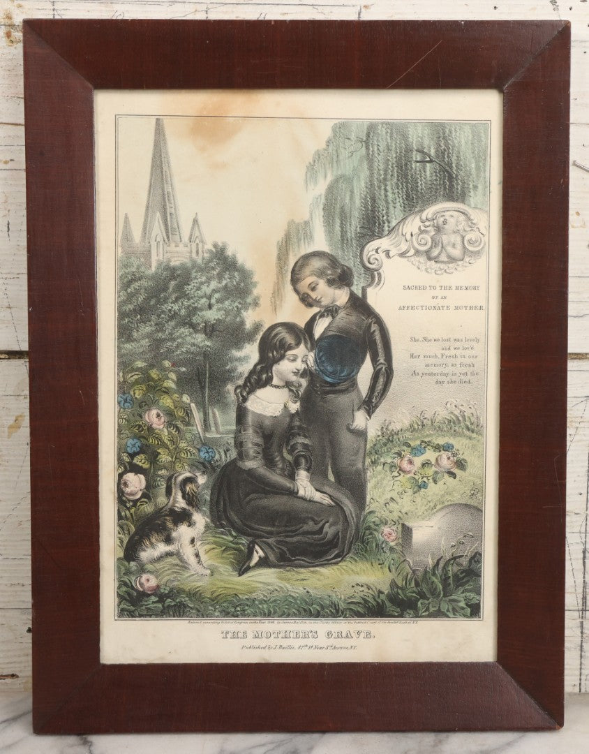 Lot 005 - Antique Hand Colored Mourning Lithograph, Titled "The Mother's Grave," Published By J. Nuillie, New York, 1848, In Frame