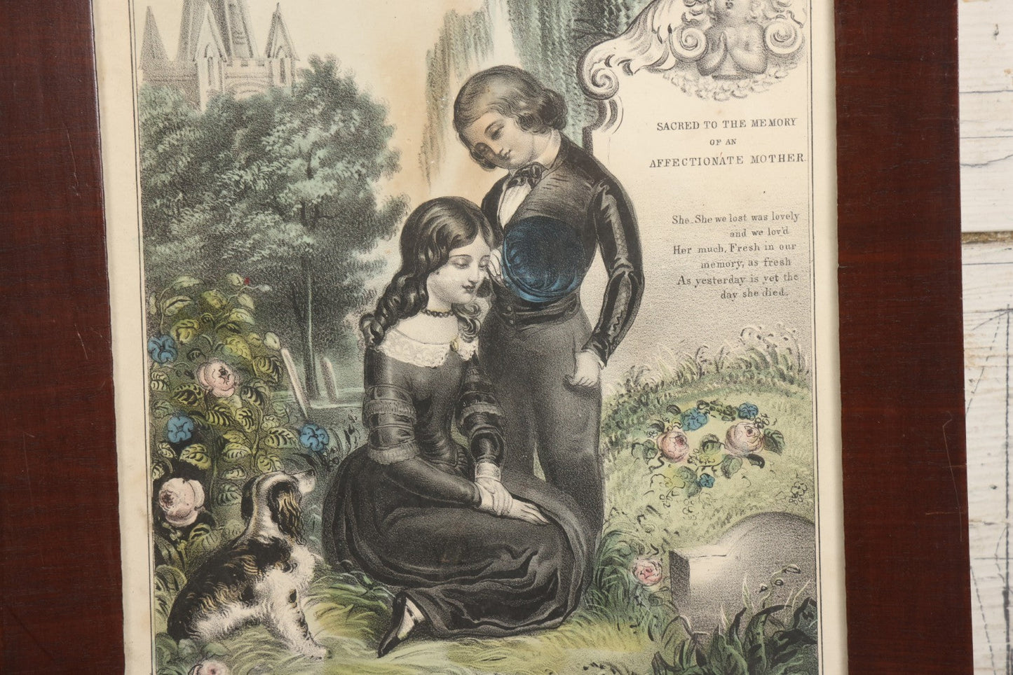 Lot 005 - Antique Hand Colored Mourning Lithograph, Titled "The Mother's Grave," Published By J. Nuillie, New York, 1848, In Frame