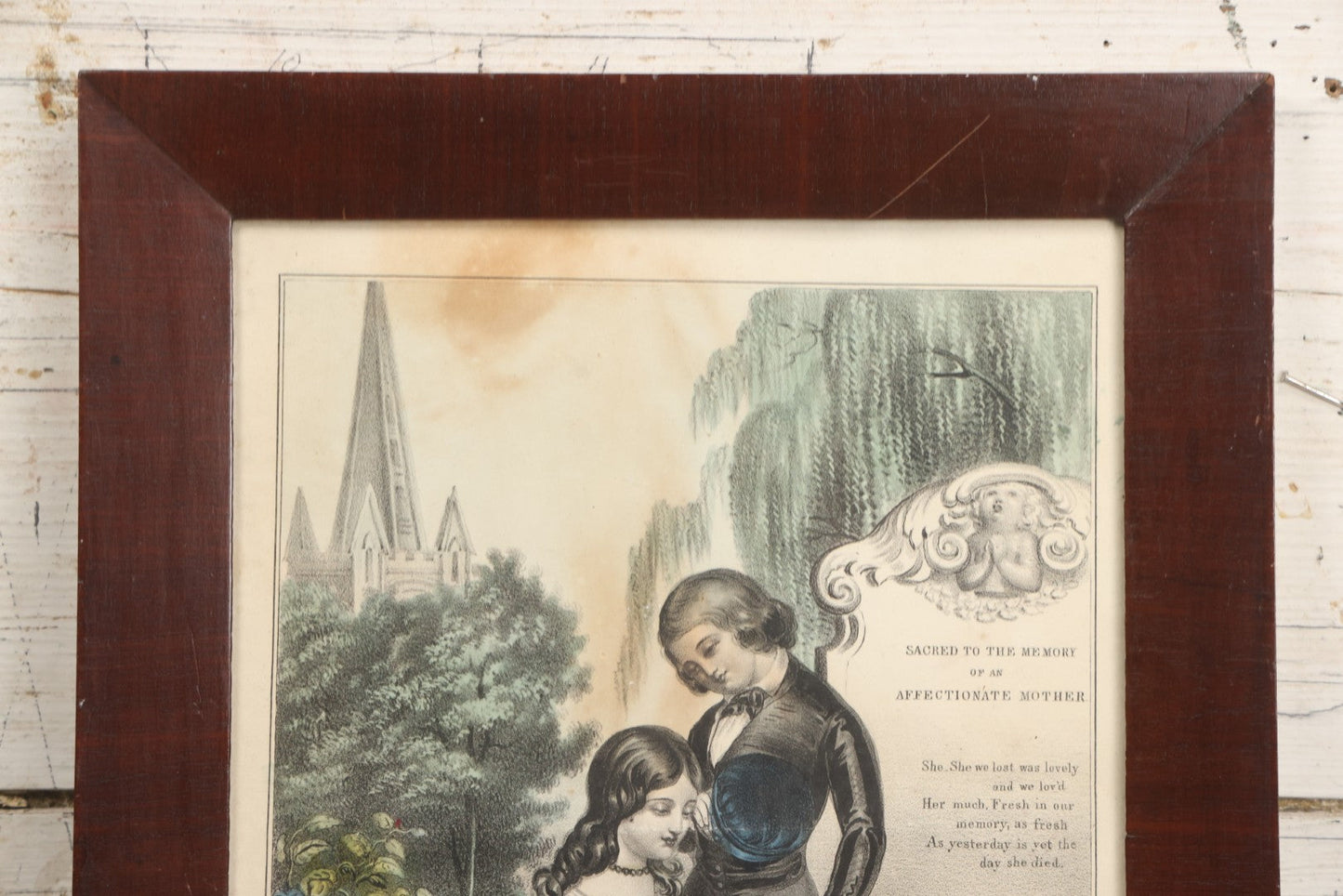 Lot 005 - Antique Hand Colored Mourning Lithograph, Titled "The Mother's Grave," Published By J. Nuillie, New York, 1848, In Frame