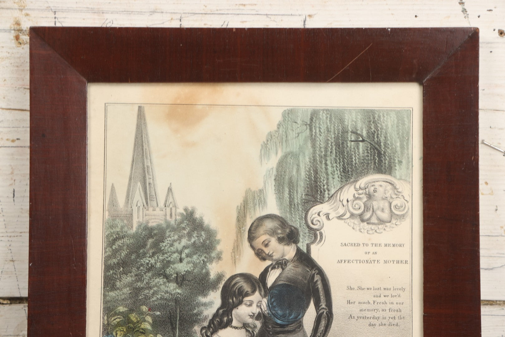 Lot 005 - Antique Hand Colored Mourning Lithograph, Titled "The Mother's Grave," Published By J. Nuillie, New York, 1848, In Frame