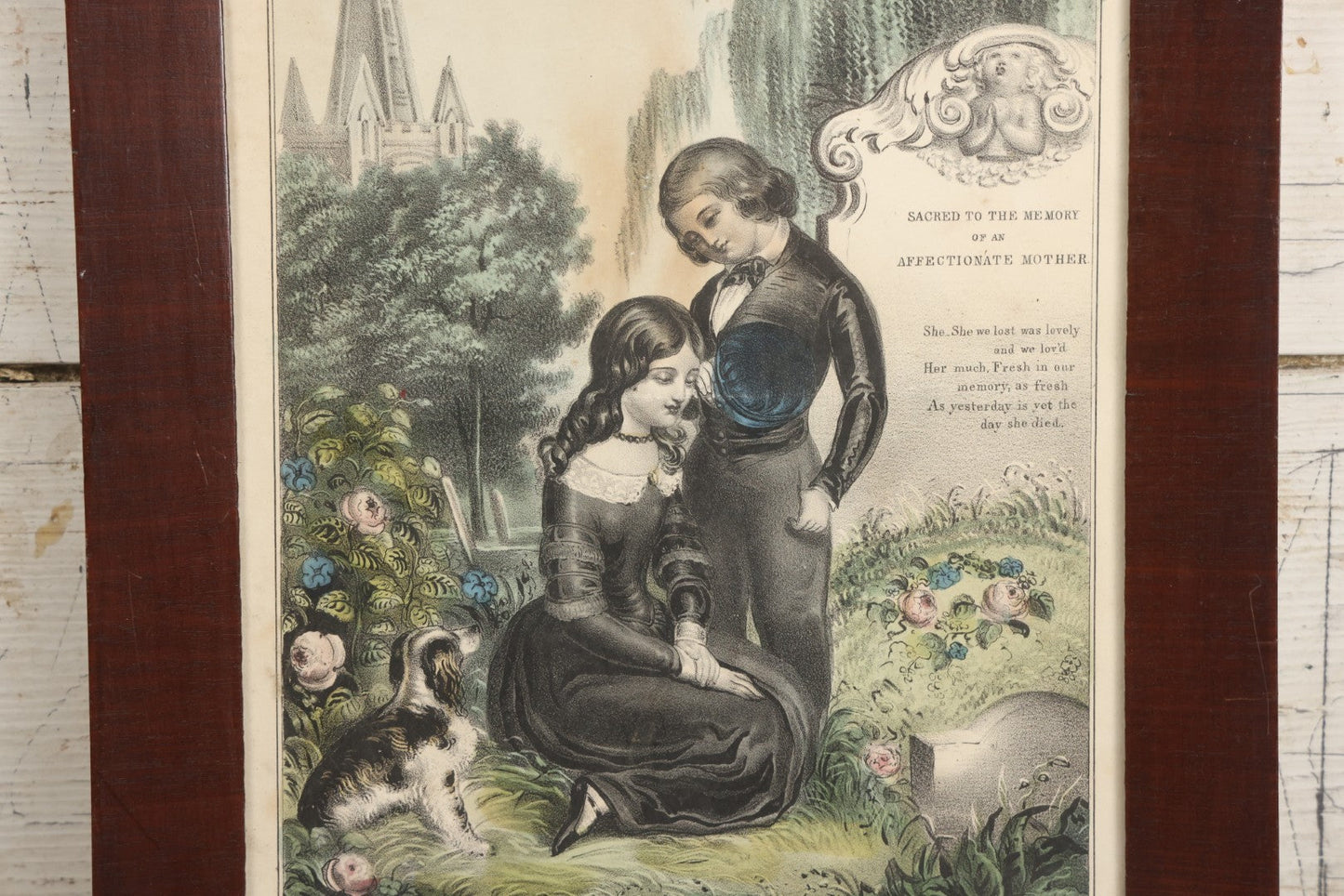 Lot 005 - Antique Hand Colored Mourning Lithograph, Titled "The Mother's Grave," Published By J. Nuillie, New York, 1848, In Frame