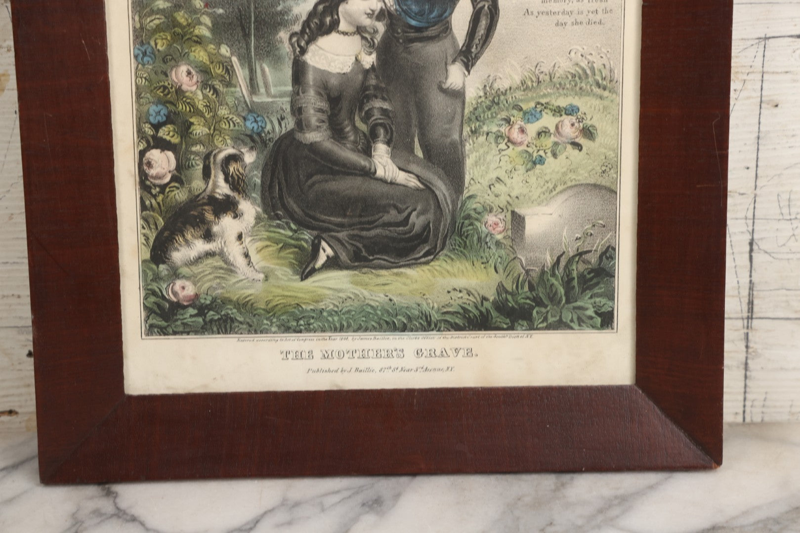 Lot 005 - Antique Hand Colored Mourning Lithograph, Titled "The Mother's Grave," Published By J. Nuillie, New York, 1848, In Frame