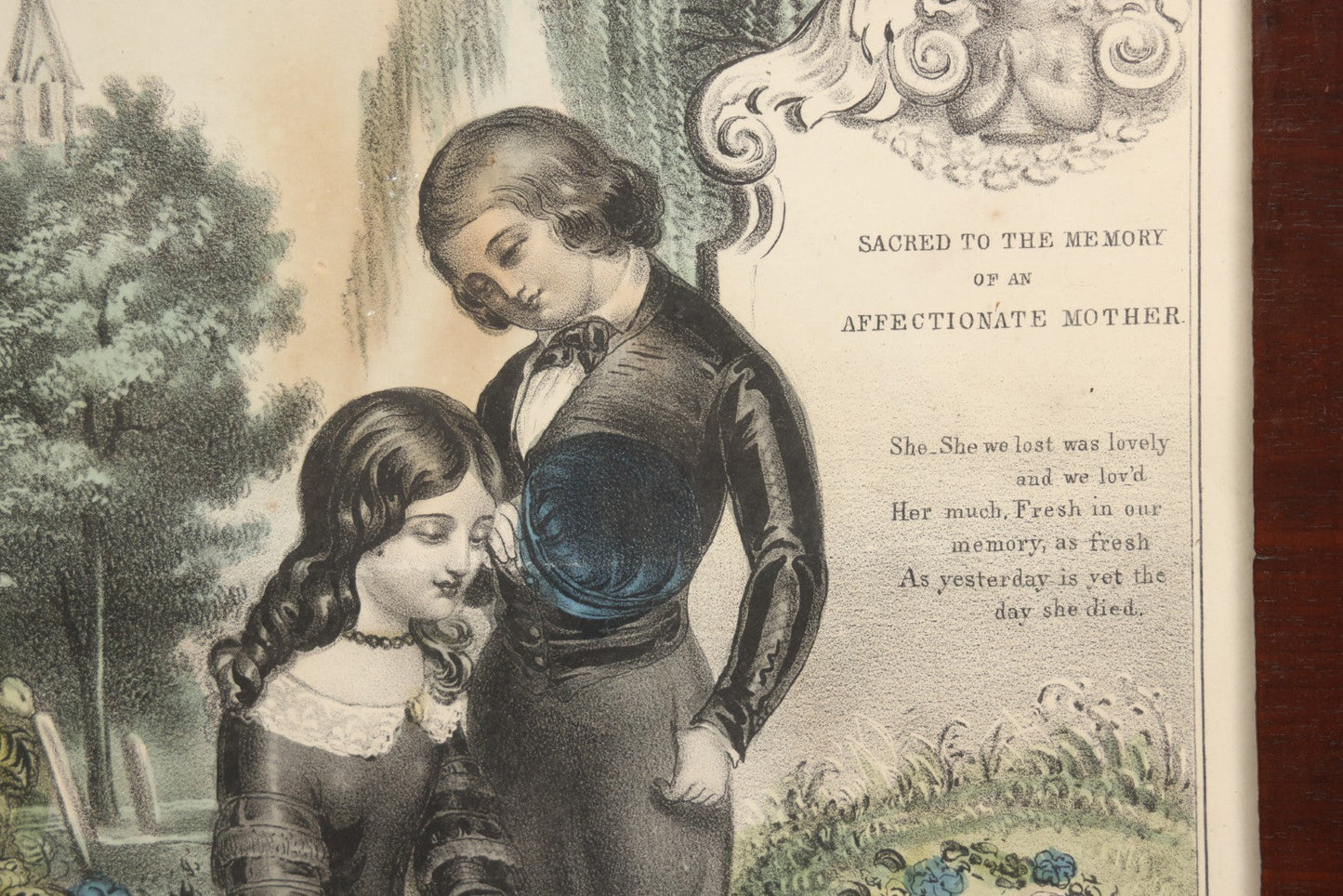 Lot 005 - Antique Hand Colored Mourning Lithograph, Titled "The Mother's Grave," Published By J. Nuillie, New York, 1848, In Frame