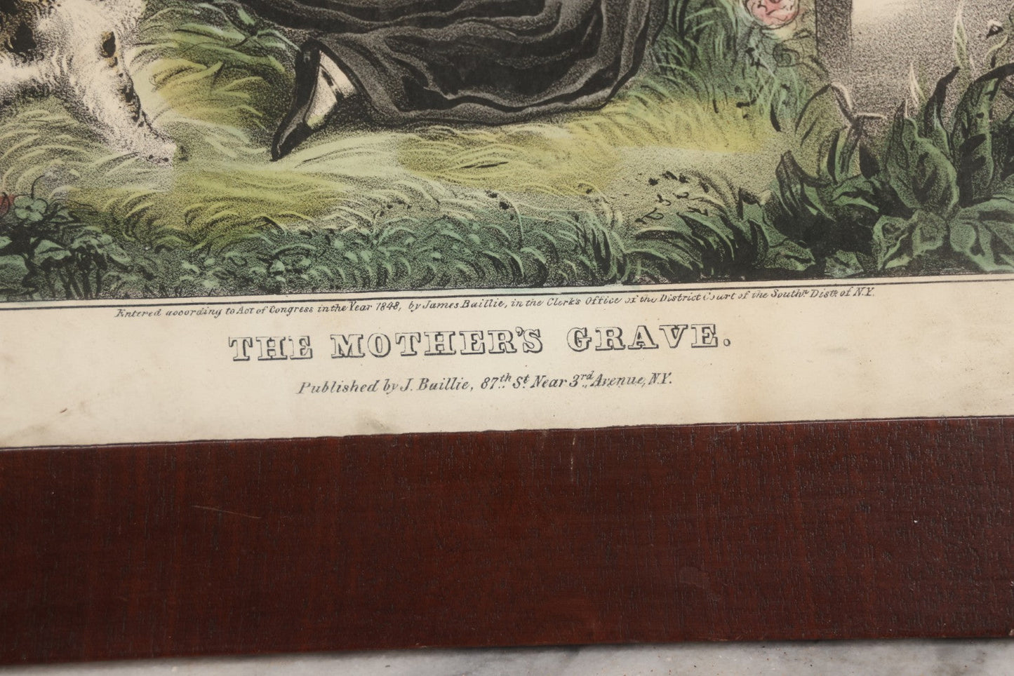 Lot 005 - Antique Hand Colored Mourning Lithograph, Titled "The Mother's Grave," Published By J. Nuillie, New York, 1848, In Frame