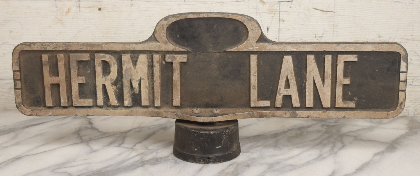 Lot 008 - Vintage Double Sided Cast Aluminum Street Sign Pole Topper For "Hermit Lane," Circa 1960s