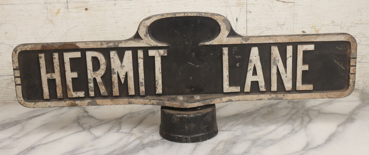 Lot 008 - Vintage Double Sided Cast Aluminum Street Sign Pole Topper For "Hermit Lane," Circa 1960s