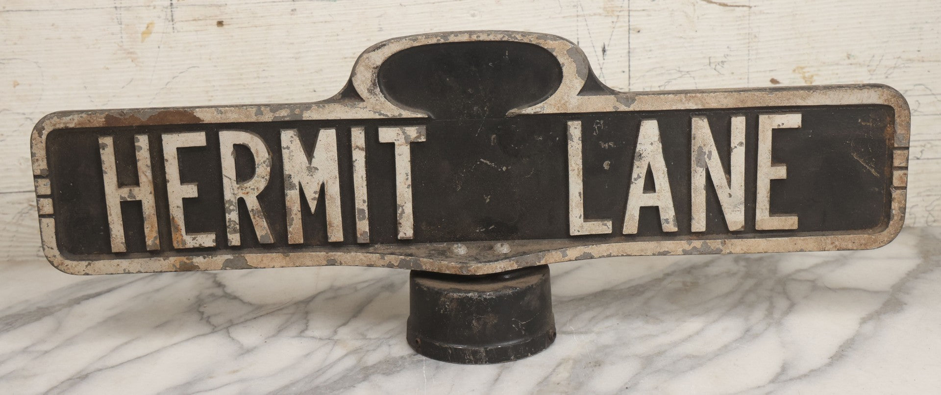 Lot 008 - Vintage Double Sided Cast Aluminum Street Sign Pole Topper For "Hermit Lane," Circa 1960s