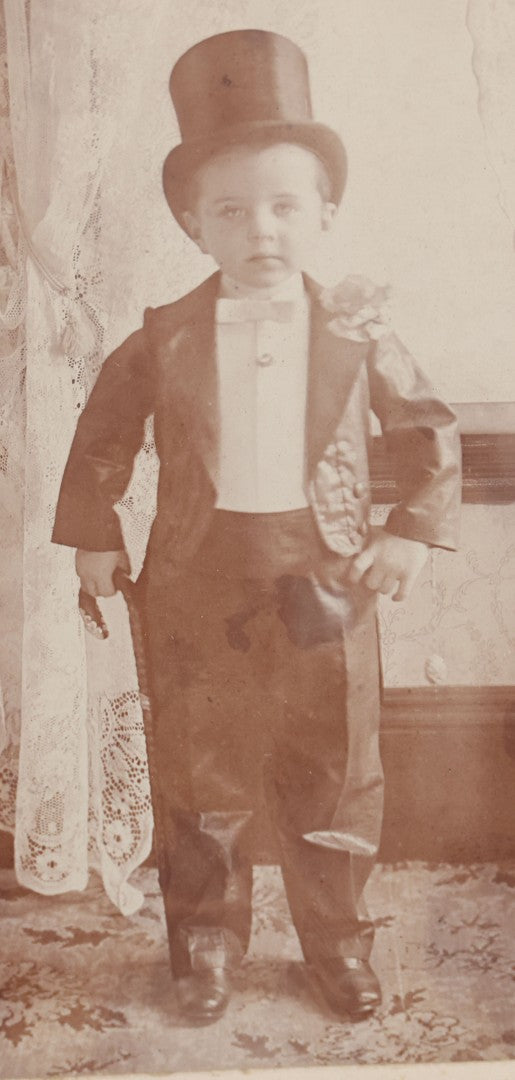 Lot 009 - Antique Hand Made Child's Tuxedo Made For Earle Everett Pinkham, Senior, By His Mother, Along With Two Photographs Showing The Front And Back Of Earle In Tux, With Provenance On Verso, Circa 1895