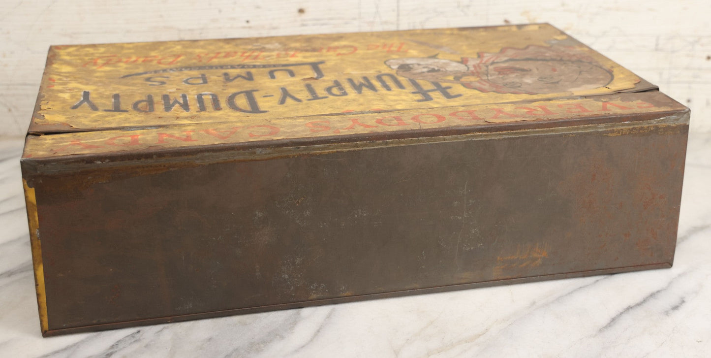 Lot 011 - Vintage Humpty-Dumpty Lumps, Cocoanut-Coated Candy Advertising Store Display Tin With Paper Labels, Clown Motif, "Everybody's Candy - The Candy That's Dandy," Liebenthal Bros. & Co., Note Severe Wear, Losses, Staining To Labels