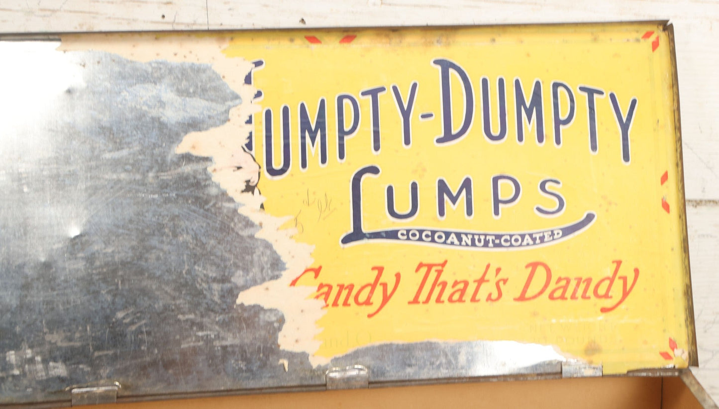 Lot 011 - Vintage Humpty-Dumpty Lumps, Cocoanut-Coated Candy Advertising Store Display Tin With Paper Labels, Clown Motif, "Everybody's Candy - The Candy That's Dandy," Liebenthal Bros. & Co., Note Severe Wear, Losses, Staining To Labels