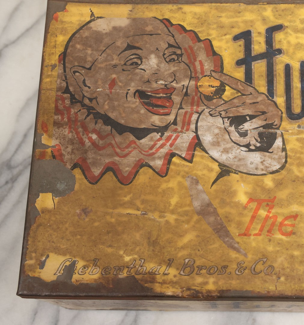 Lot 011 - Vintage Humpty-Dumpty Lumps, Cocoanut-Coated Candy Advertising Store Display Tin With Paper Labels, Clown Motif, "Everybody's Candy - The Candy That's Dandy," Liebenthal Bros. & Co., Note Severe Wear, Losses, Staining To Labels