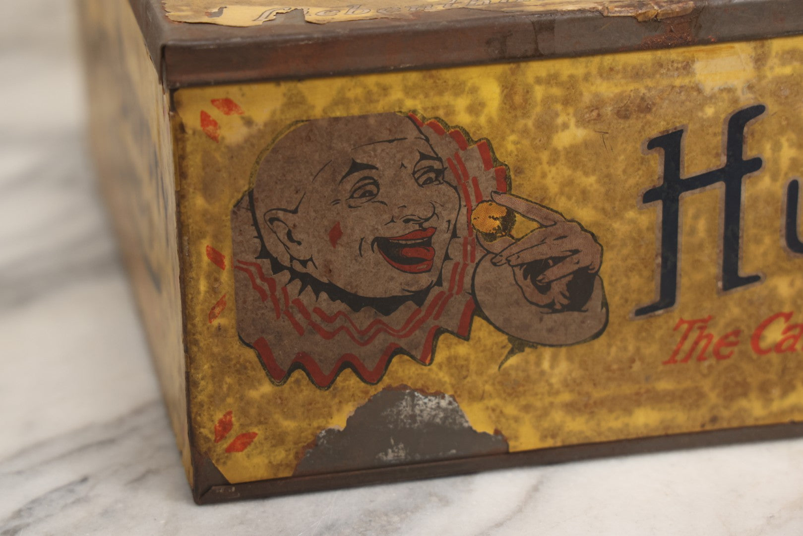 Lot 011 - Vintage Humpty-Dumpty Lumps, Cocoanut-Coated Candy Advertising Store Display Tin With Paper Labels, Clown Motif, "Everybody's Candy - The Candy That's Dandy," Liebenthal Bros. & Co., Note Severe Wear, Losses, Staining To Labels