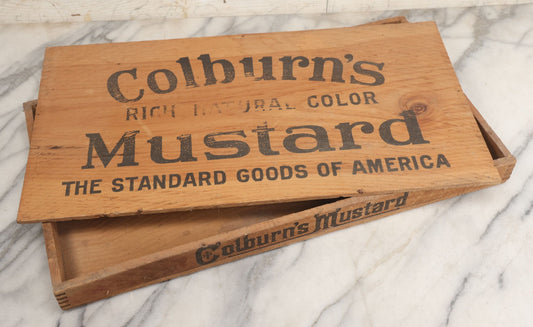 Lot 013 - Vintage Colburn's Rich Natural Color Mustard Finger Jointed Wooden Advertising Store Display Crate Box, Two Dozen Can Capacity, Original Price One Dime