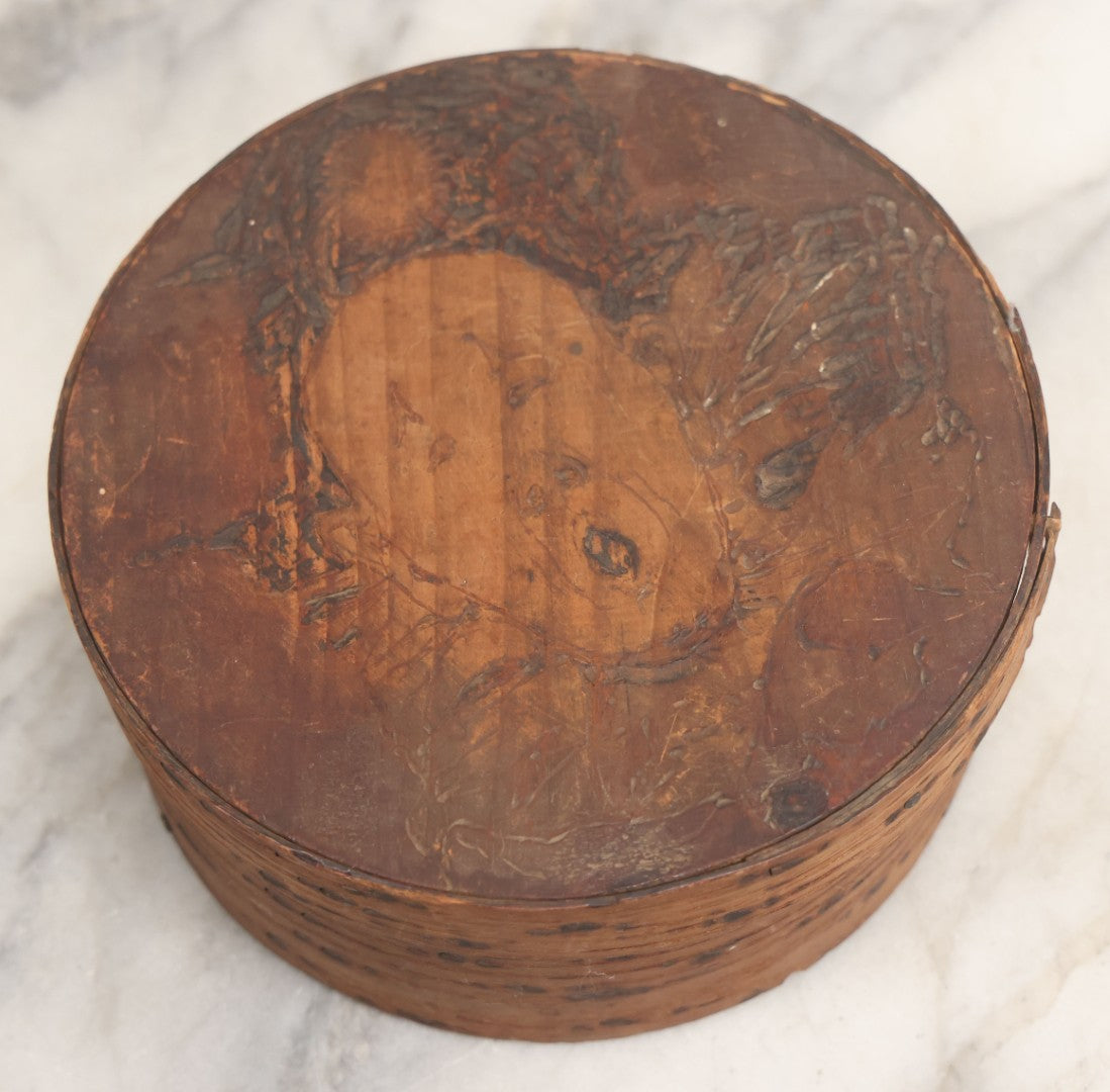 Lot 015 - Antique Folk Art Wooden Pantry Box With Comic, Startled Face Hand Carved Or Burned Into The Lid