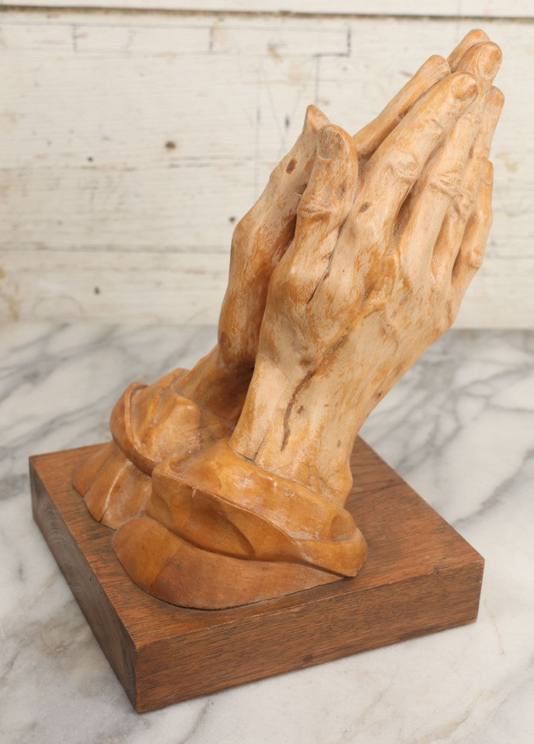 Lot 016 - Vintage Hand Carved Wooden Praying Hands Statue With Detailed, Life-Like Styling, On Wood Block Base, Artist Initialed M.L.