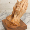 Lot 016 - Vintage Hand Carved Wooden Praying Hands Statue With Detailed, Life-Like Styling, On Wood Block Base, Artist Initialed M.L., 10-3/8" H