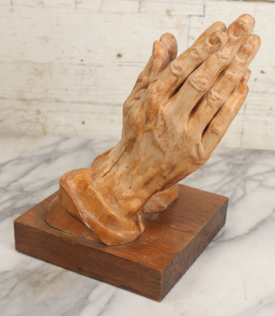 Lot 016 - Vintage Hand Carved Wooden Praying Hands Statue With Detailed, Life-Like Styling, On Wood Block Base, Artist Initialed M.L.