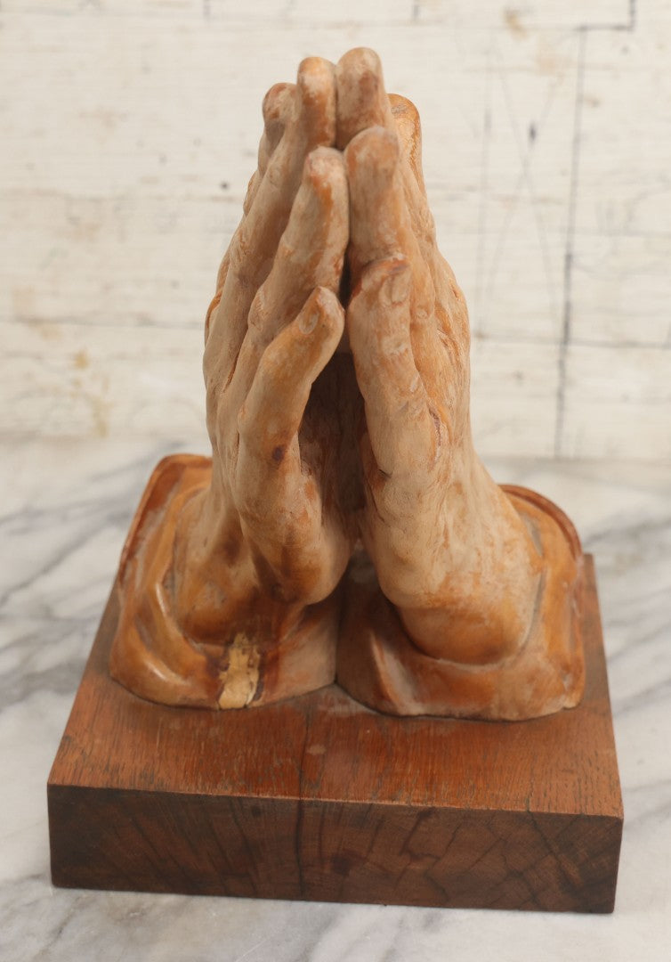 Lot 016 - Vintage Hand Carved Wooden Praying Hands Statue With Detailed, Life-Like Styling, On Wood Block Base, Artist Initialed M.L.