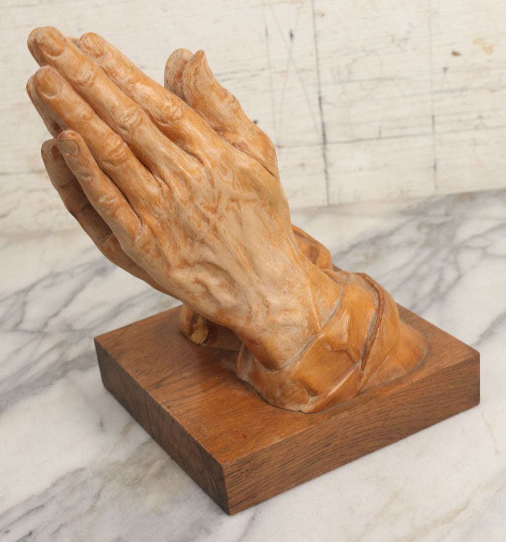 Lot 016 - Vintage Hand Carved Wooden Praying Hands Statue With Detailed, Life-Like Styling, On Wood Block Base, Artist Initialed M.L.