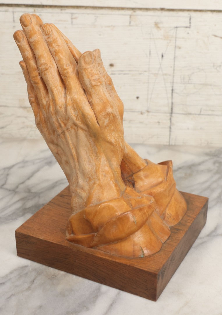 Lot 016 - Vintage Hand Carved Wooden Praying Hands Statue With Detailed, Life-Like Styling, On Wood Block Base, Artist Initialed M.L.