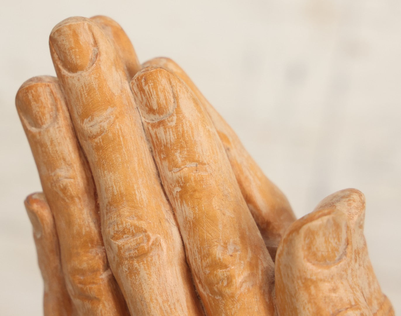 Lot 016 - Vintage Hand Carved Wooden Praying Hands Statue With Detailed, Life-Like Styling, On Wood Block Base, Artist Initialed M.L.