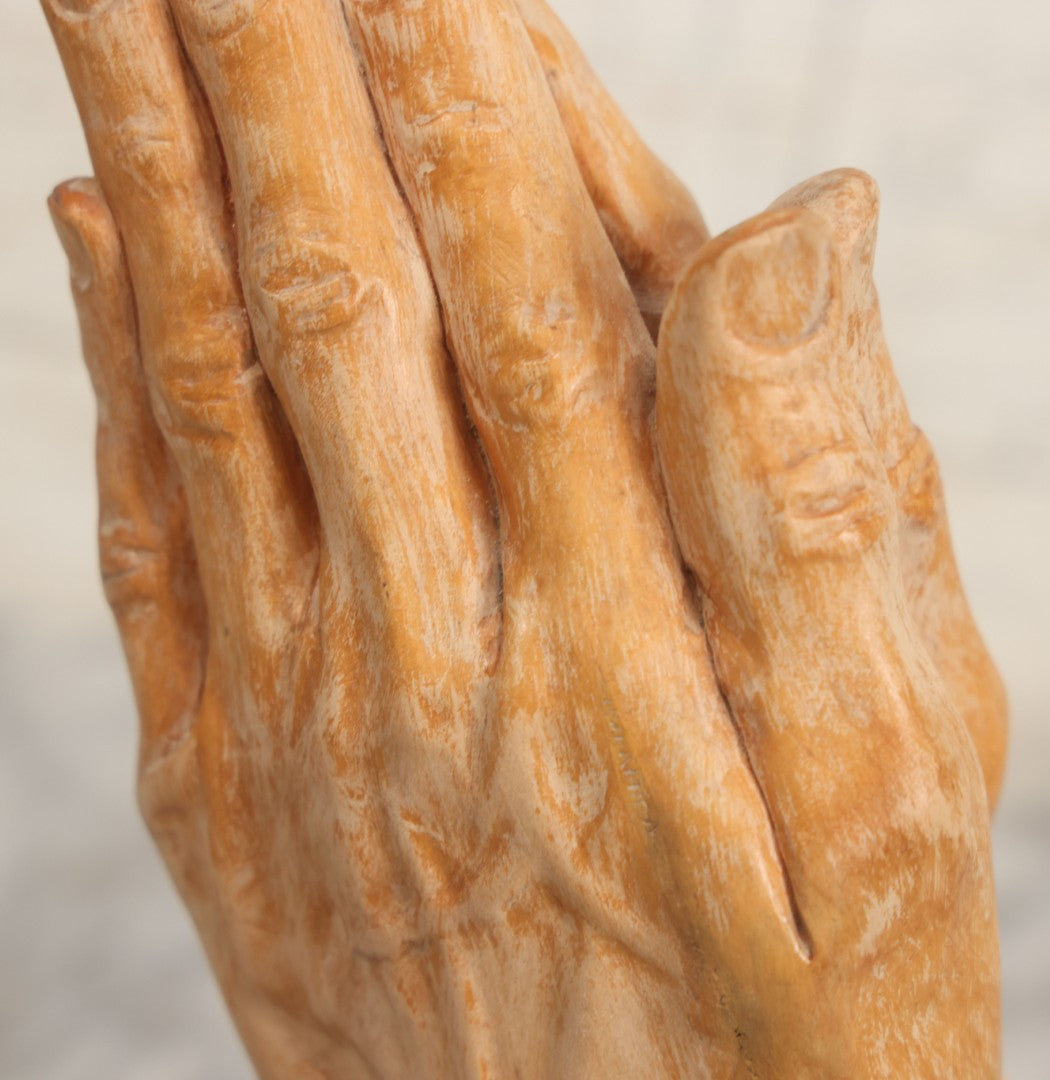 Lot 016 - Vintage Hand Carved Wooden Praying Hands Statue With Detailed, Life-Like Styling, On Wood Block Base, Artist Initialed M.L.