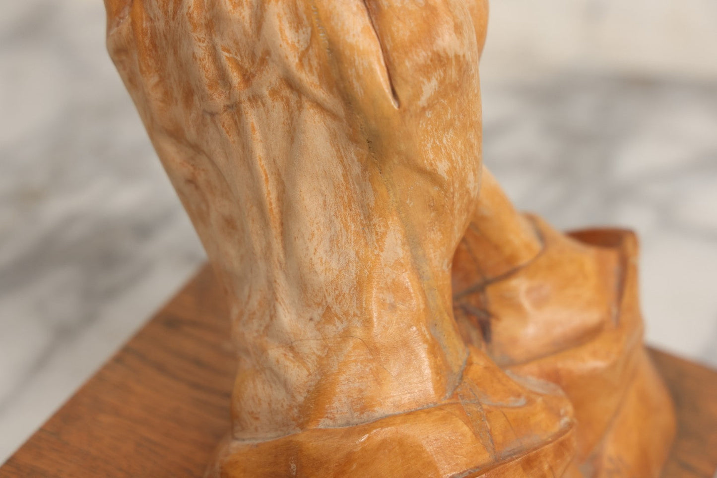 Lot 016 - Vintage Hand Carved Wooden Praying Hands Statue With Detailed, Life-Like Styling, On Wood Block Base, Artist Initialed M.L.