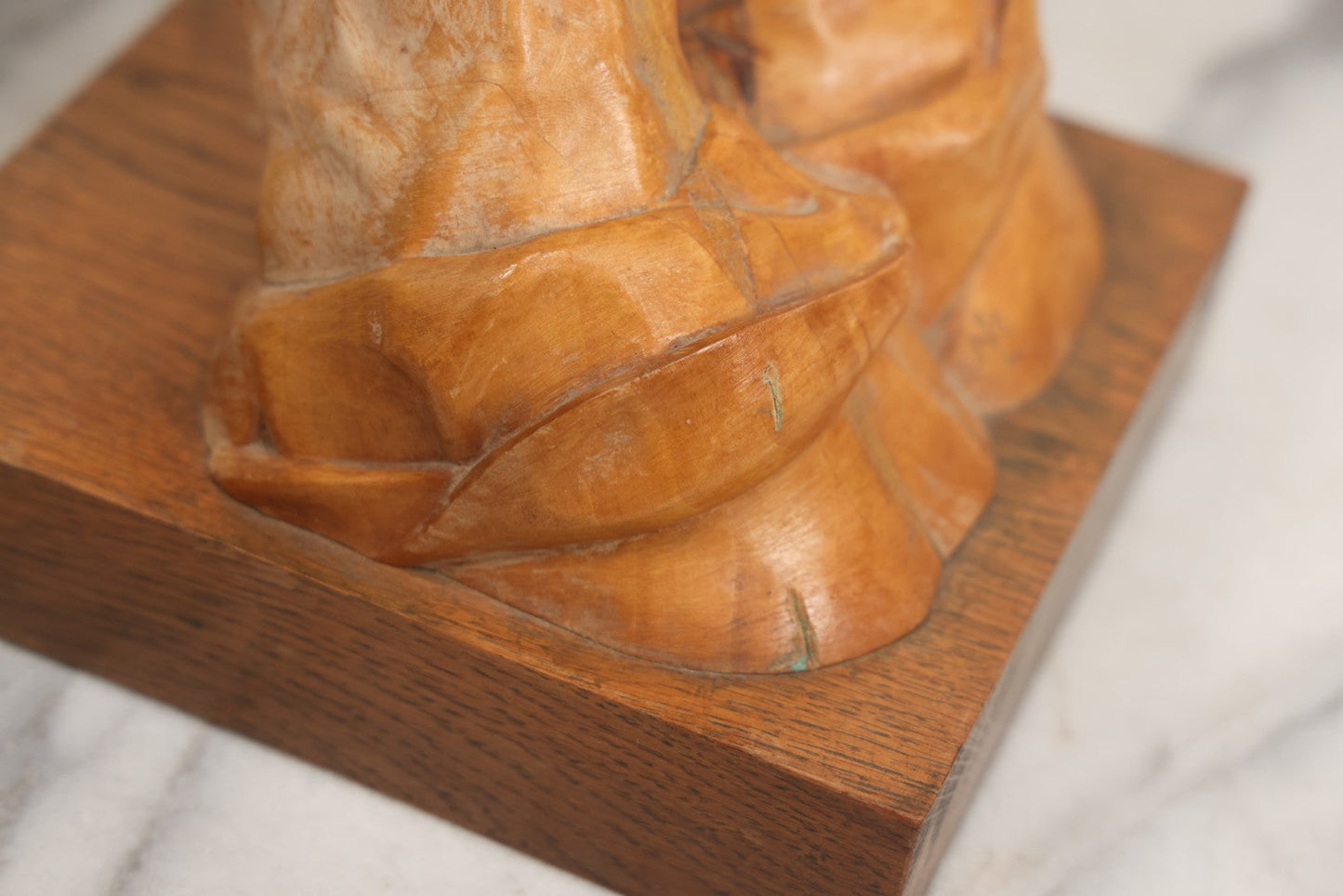 Lot 016 - Vintage Hand Carved Wooden Praying Hands Statue With Detailed, Life-Like Styling, On Wood Block Base, Artist Initialed M.L.