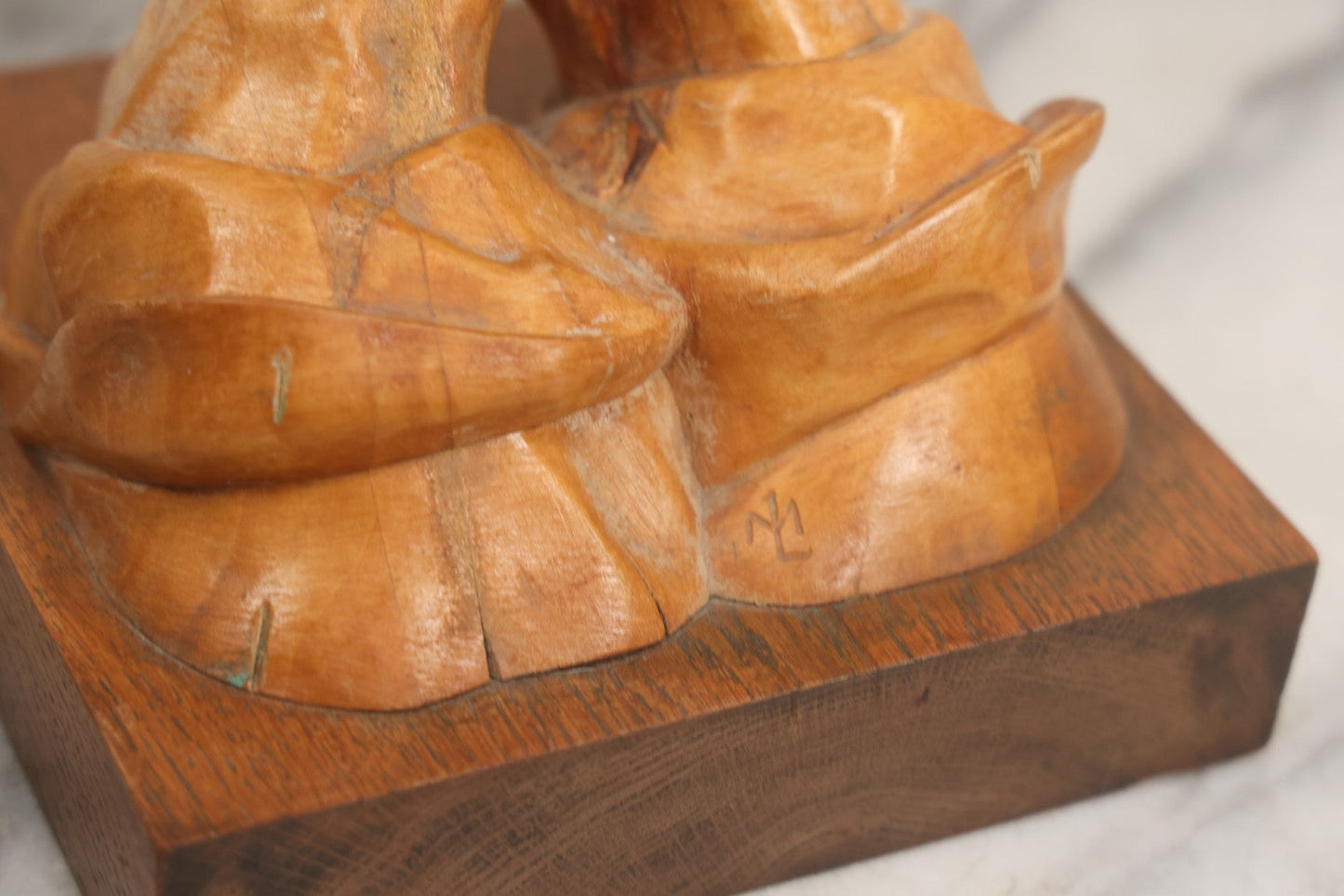 Lot 016 - Vintage Hand Carved Wooden Praying Hands Statue With Detailed, Life-Like Styling, On Wood Block Base, Artist Initialed M.L.