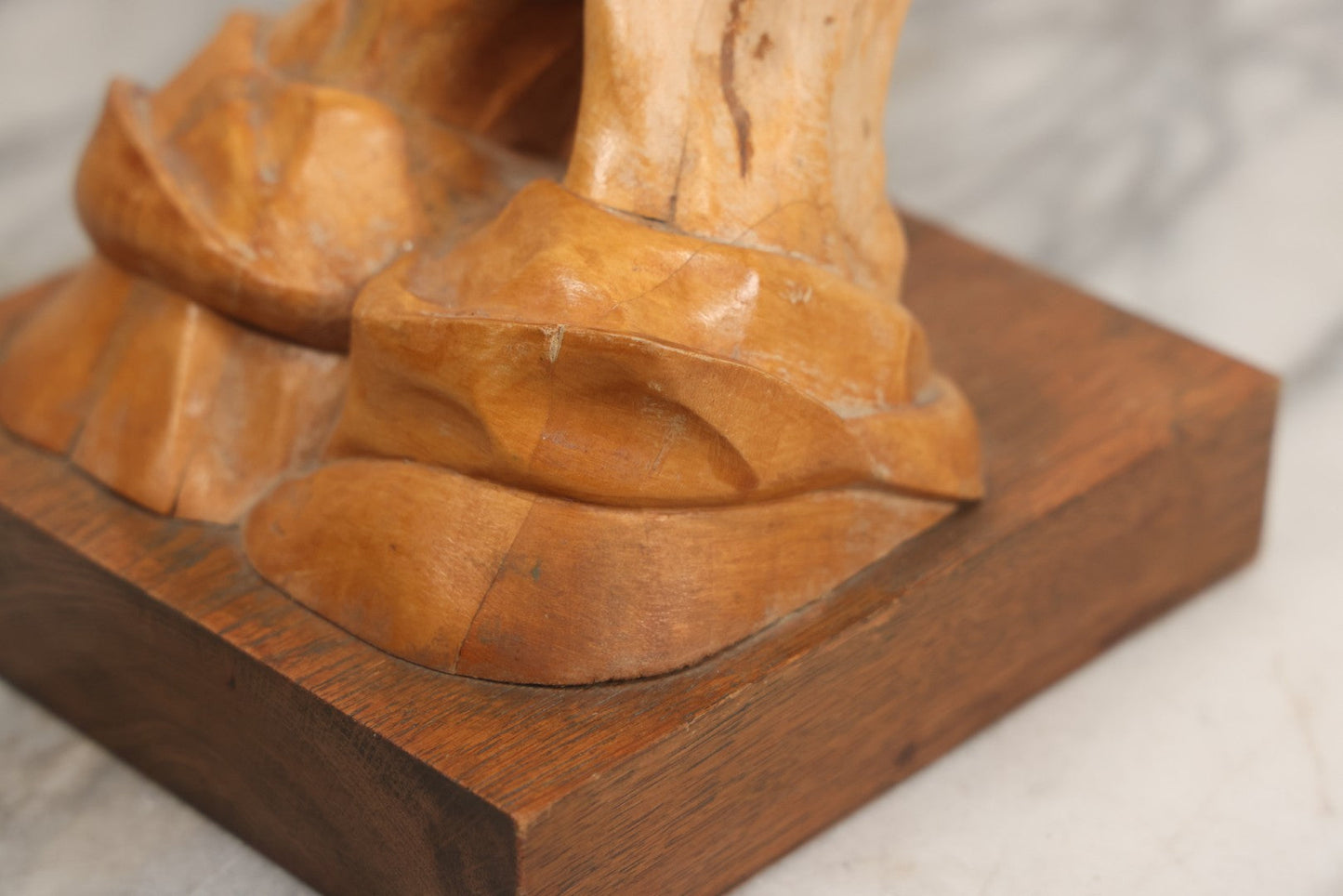 Lot 016 - Vintage Hand Carved Wooden Praying Hands Statue With Detailed, Life-Like Styling, On Wood Block Base, Artist Initialed M.L.