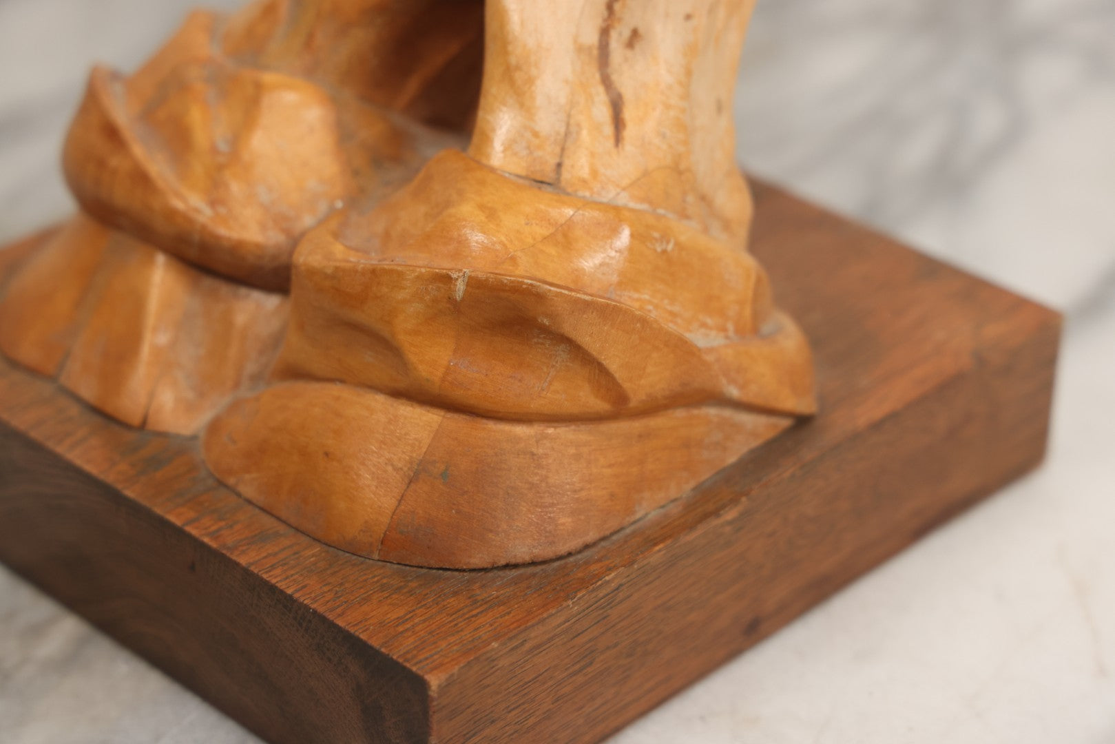 Lot 016 - Vintage Hand Carved Wooden Praying Hands Statue With Detailed, Life-Like Styling, On Wood Block Base, Artist Initialed M.L.