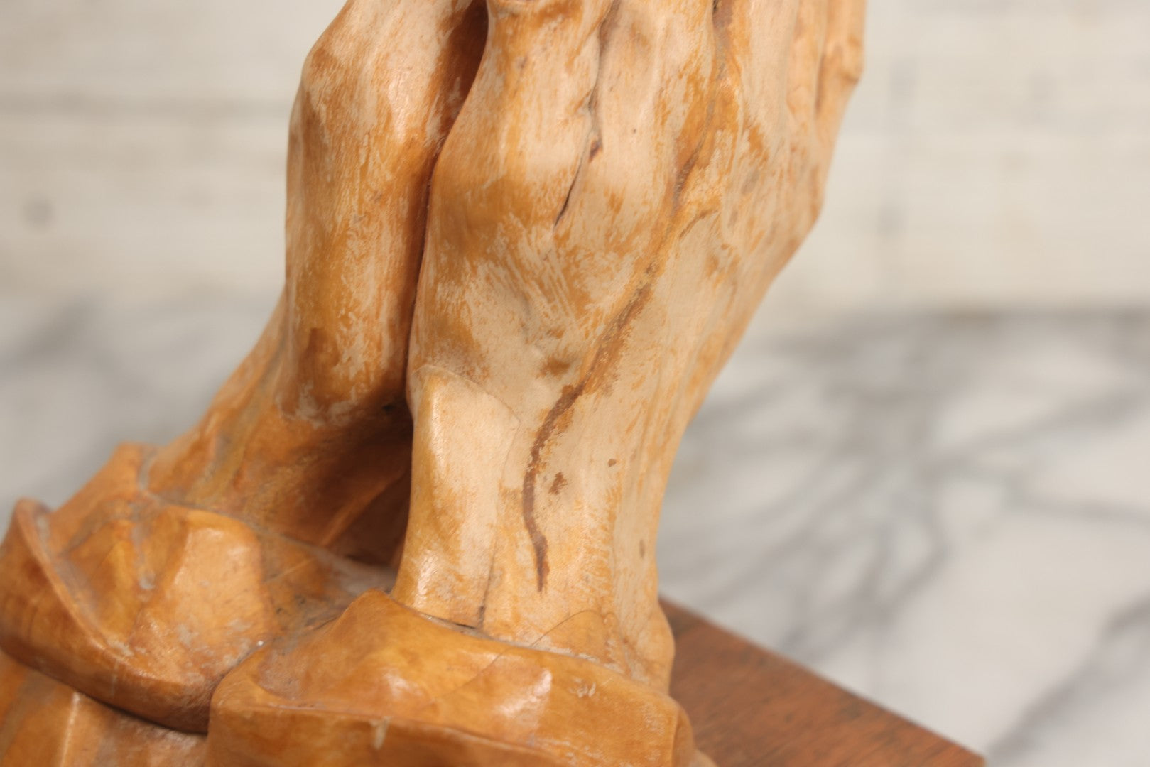 Lot 016 - Vintage Hand Carved Wooden Praying Hands Statue With Detailed, Life-Like Styling, On Wood Block Base, Artist Initialed M.L.