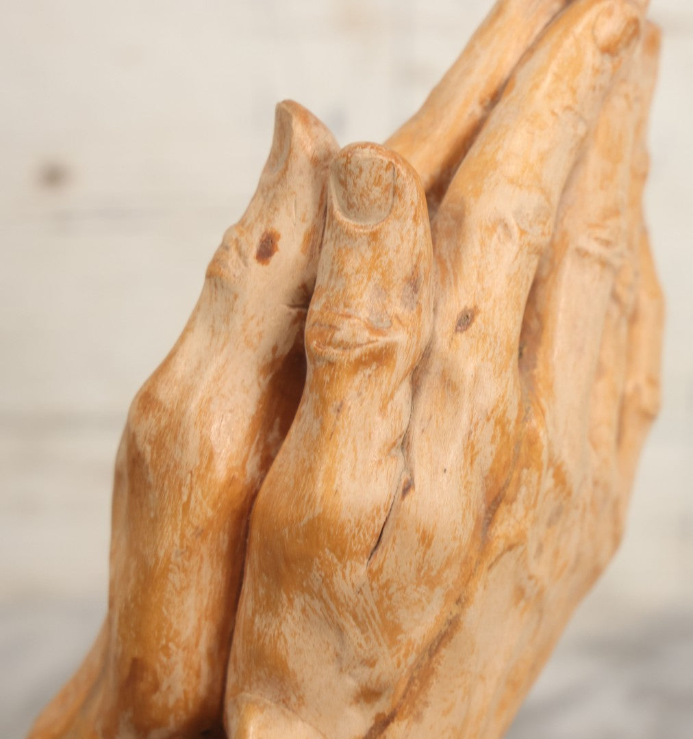 Lot 016 - Vintage Hand Carved Wooden Praying Hands Statue With Detailed, Life-Like Styling, On Wood Block Base, Artist Initialed M.L.