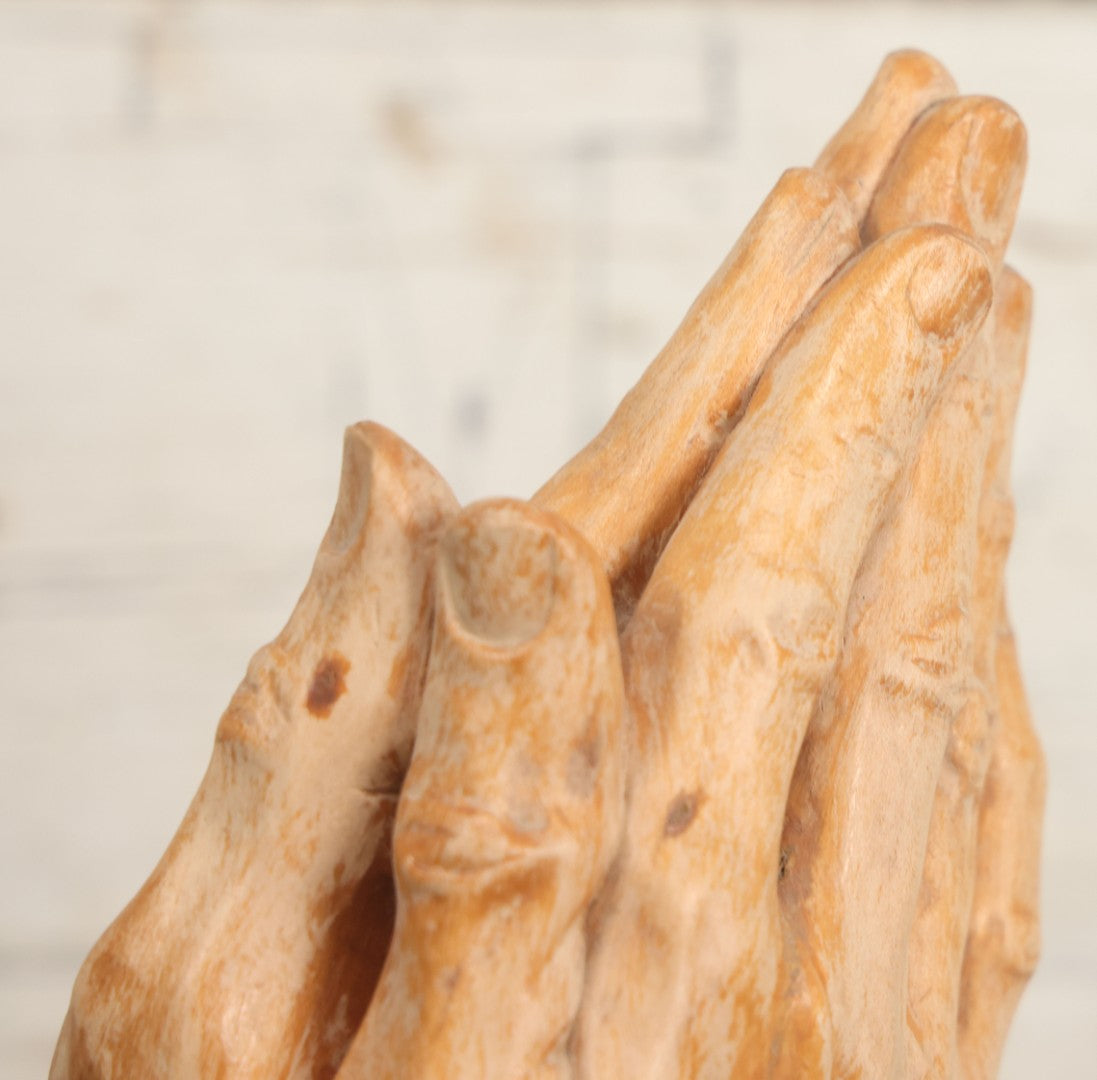Lot 016 - Vintage Hand Carved Wooden Praying Hands Statue With Detailed, Life-Like Styling, On Wood Block Base, Artist Initialed M.L.