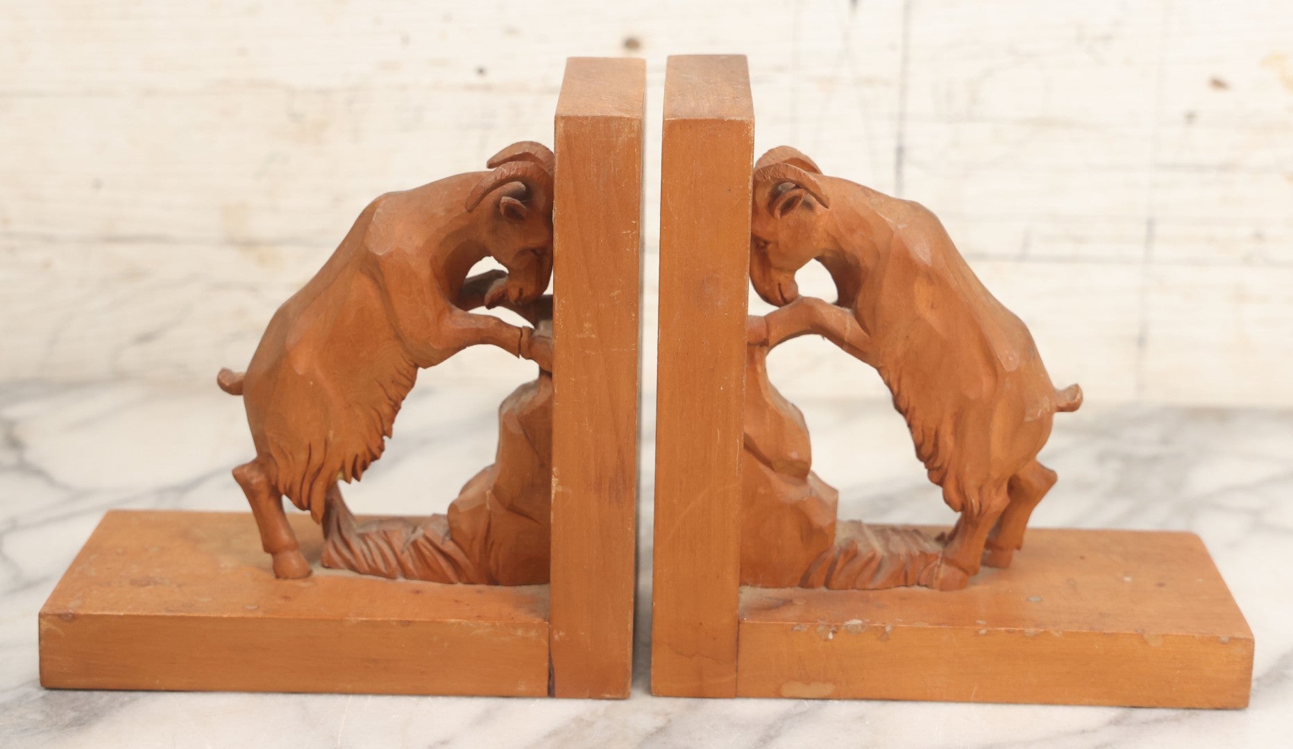 Lot 017 - Vintage Hand Carved Wooden Folk Art Mountain Goat Ram Bookends, Pair