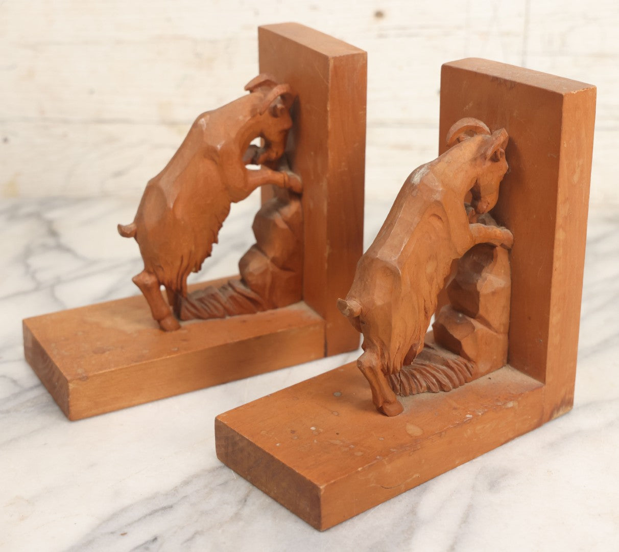 Lot 017 - Vintage Hand Carved Wooden Folk Art Mountain Goat Ram Bookends, Pair