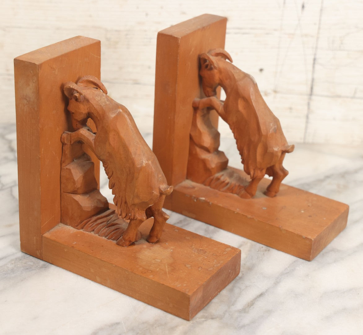 Lot 017 - Vintage Hand Carved Wooden Folk Art Mountain Goat Ram Bookends, Pair