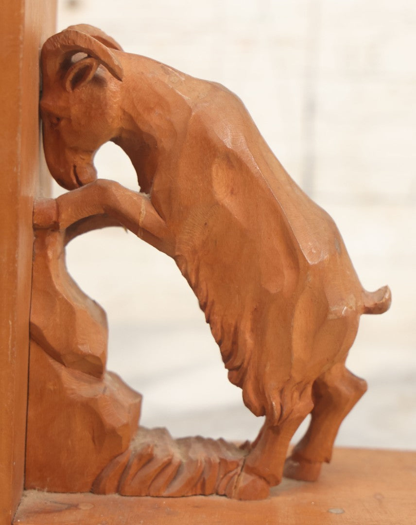 Lot 017 - Vintage Hand Carved Wooden Folk Art Mountain Goat Ram Bookends, Pair
