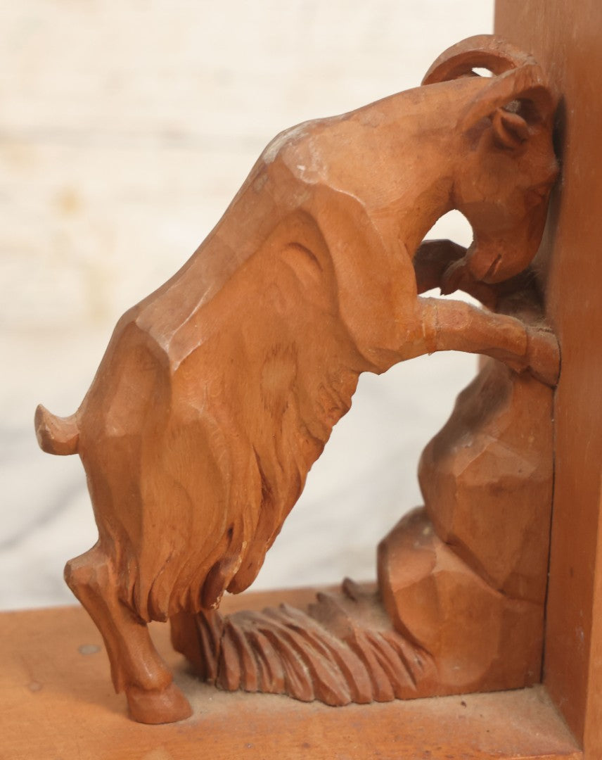 Lot 017 - Vintage Hand Carved Wooden Folk Art Mountain Goat Ram Bookends, Pair