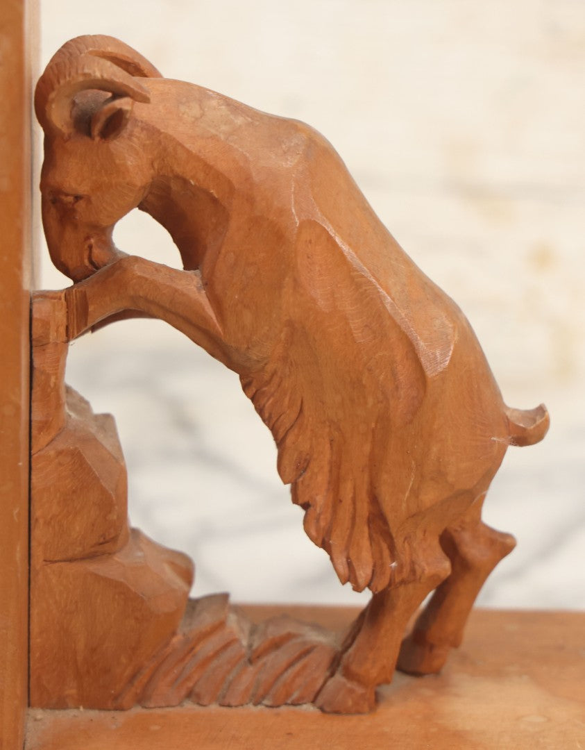 Lot 017 - Vintage Hand Carved Wooden Folk Art Mountain Goat Ram Bookends, Pair