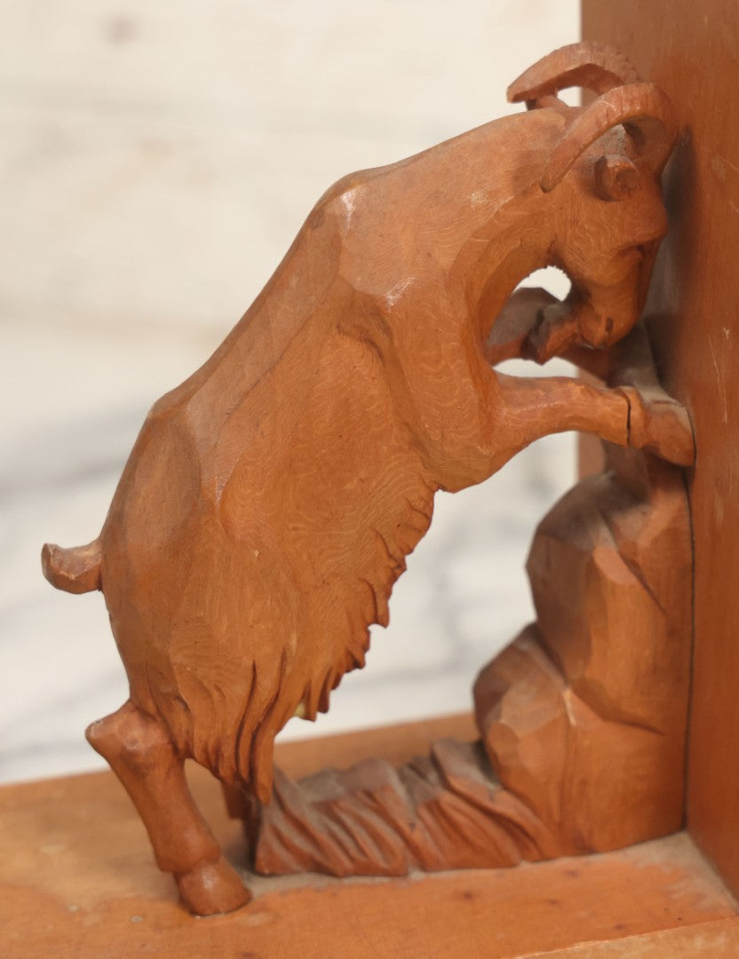 Lot 017 - Vintage Hand Carved Wooden Folk Art Mountain Goat Ram Bookends, Pair