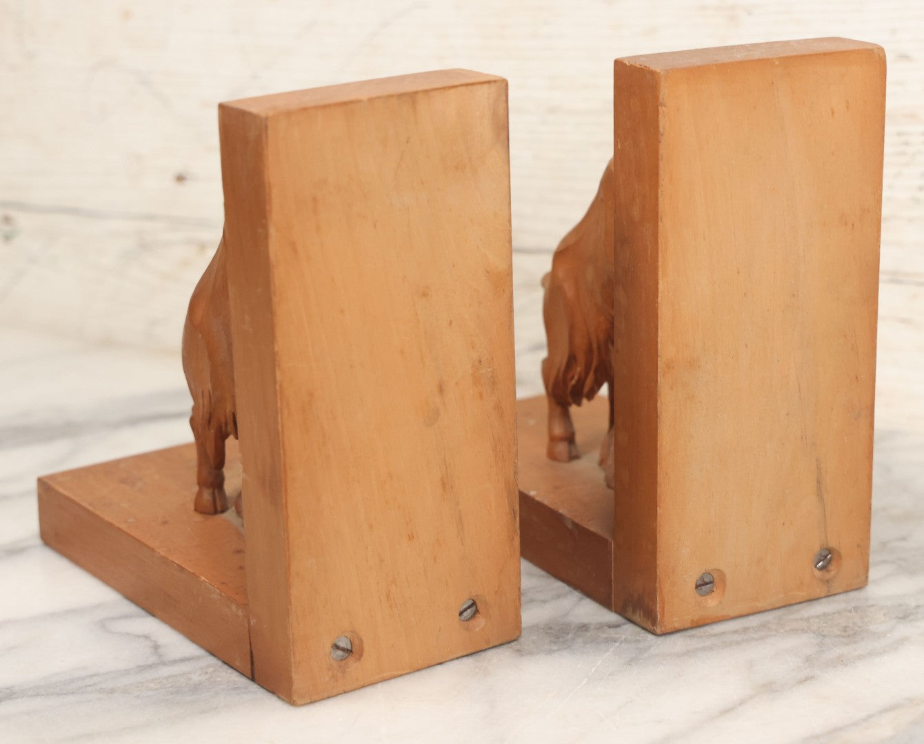Lot 017 - Vintage Hand Carved Wooden Folk Art Mountain Goat Ram Bookends, Pair