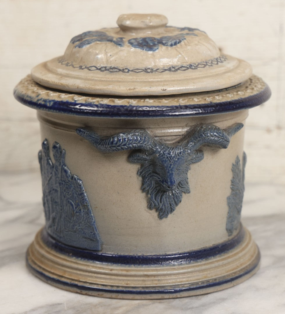 Lot 018 - Antique Molded Stoneware Humidor Vessel With Goat Ram Head Motif, Hunting Dog Scenes, Attributed To White's Pottery, Utica, New York, Circa Late Late 19th Century
