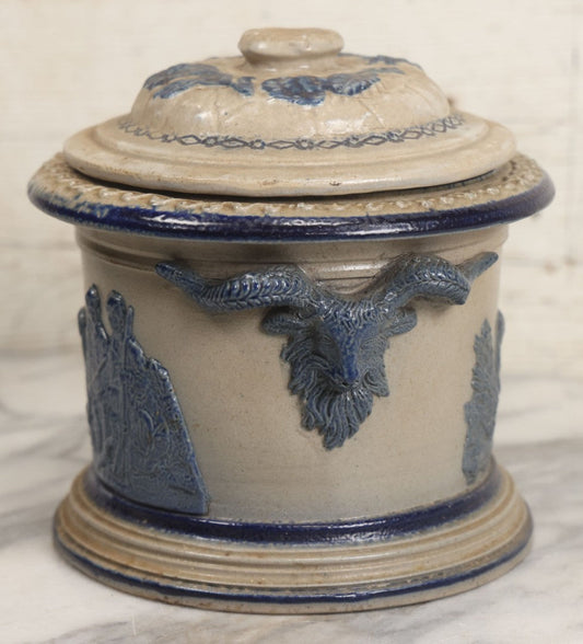 Lot 018 - Antique Molded Stoneware Humidor Vessel With Goat Ram Head Motif, Hunting Dog Scenes, Attributed To White's Pottery, Utica, New York, Circa Late Late 19th Century