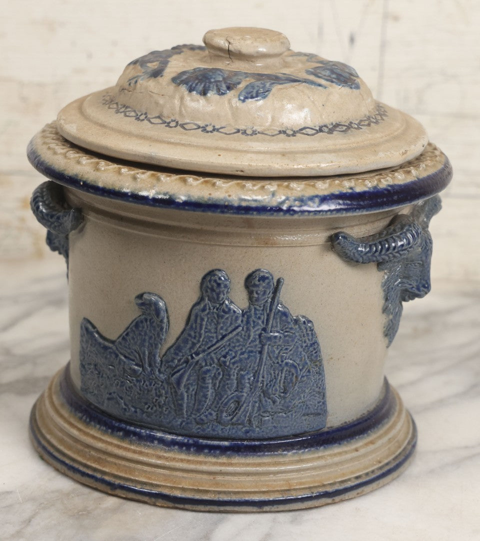 Lot 018 - Antique Molded Stoneware Humidor Vessel With Goat Ram Head Motif, Hunting Dog Scenes, Attributed To White's Pottery, Utica, New York, Circa Late Late 19th Century