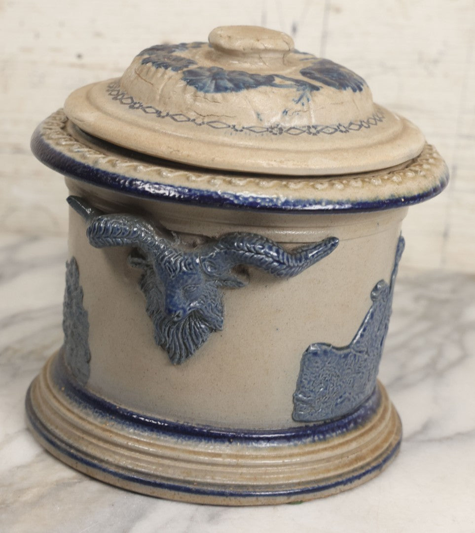 Lot 018 - Antique Molded Stoneware Humidor Vessel With Goat Ram Head Motif, Hunting Dog Scenes, Attributed To White's Pottery, Utica, New York, Circa Late Late 19th Century